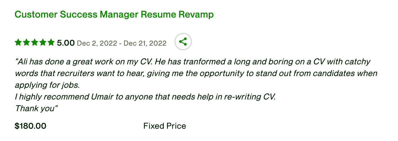 Client Feedback on CV writing service